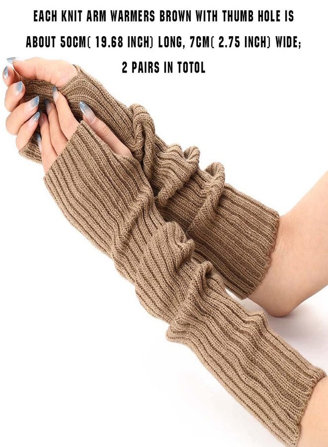 CABODYALS 2 Pairs Tan Long Fingerless Gloves Knitted Soft Winter Thumb Hole Gloves Y2k Khaki Arm Warmers Knit Mitten Arm Sleeves Crochet Wrist Hand Cover Bulk for Women Typing Driving Outings Supply - Image 2